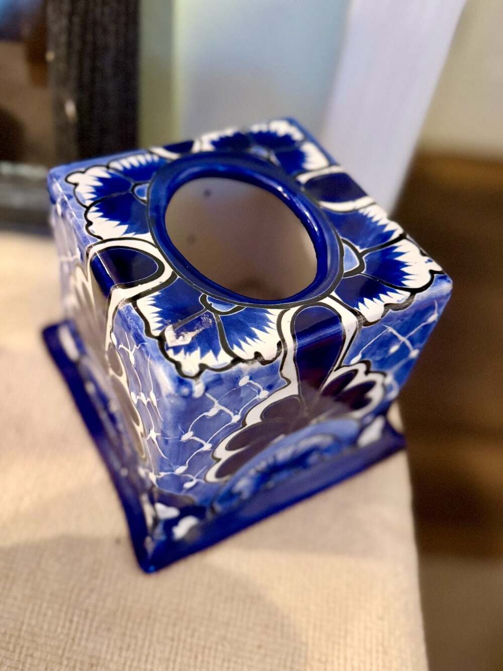 Handmade Mexican Talavera Ceramic Square Tissue Box Cover, Blue and White